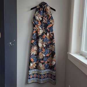 60's 70's Mod Sleeveless Floral Halter Maxi Hostess Dress in Black, Persimon